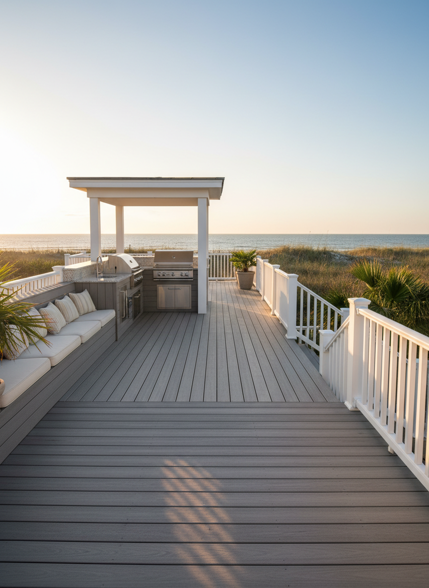 A broad, multi-level ocean-facing deck at 2232 Sandpiper Road, designed for outdoor living, rendered in crisp photographic realism. The weathered-gray composite decking stretches toward low dunes and a shimmering ocean horizon. White railings with slim balusters maximize the view, while built-in bench seating and a sleek, covered outdoor kitchen with stainless appliances occupy one side. Late-day golden hour light bathes the deck, creating long, soft shadows and warm highlights on the railings. The camera is positioned at a low angle near the deck boards, looking outward toward the water to emphasize depth and openness. The mood is relaxed yet refined, showcasing premium outdoor space that feels private, coastal, and perfect for professional real estate marketing.