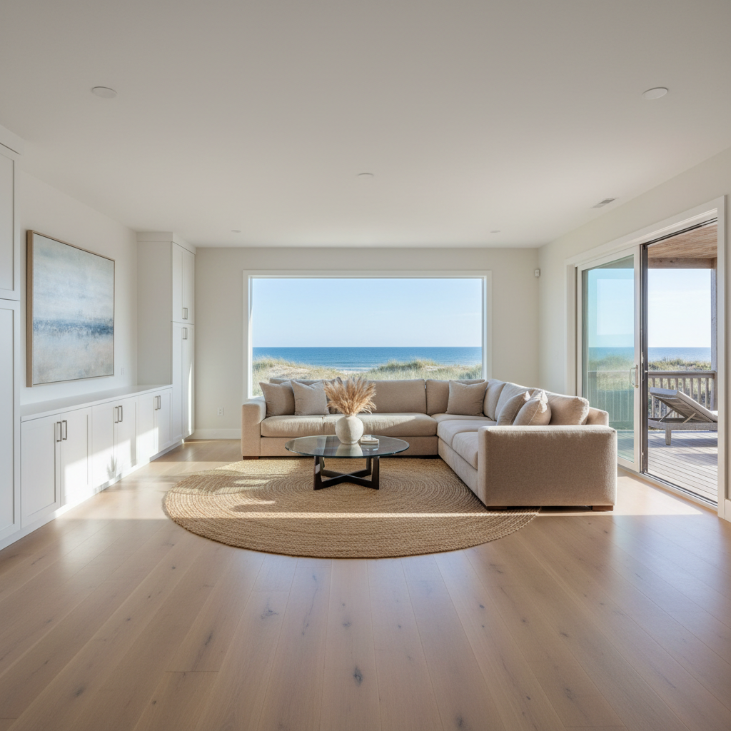 An elegant, sunlit living room inside 2232 Sandpiper Road, featuring a spacious open-concept layout with wide-plank, light oak flooring and soft white walls. A large picture window dominates one side, revealing dunes and ocean beyond, while a sliding glass door opens to a deck. A substantial, sand-colored sectional sofa and a glass-topped coffee table rest on a textured jute rug, with built-in white cabinetry along one wall. Late morning natural light pours in, creating subtle highlights on the floors and soft shadows. Captured at eye level with sharp focus and a clean, modern, photographic style, the scene feels airy, professional, and welcoming, ideal for showcasing interior space in a real estate listing.