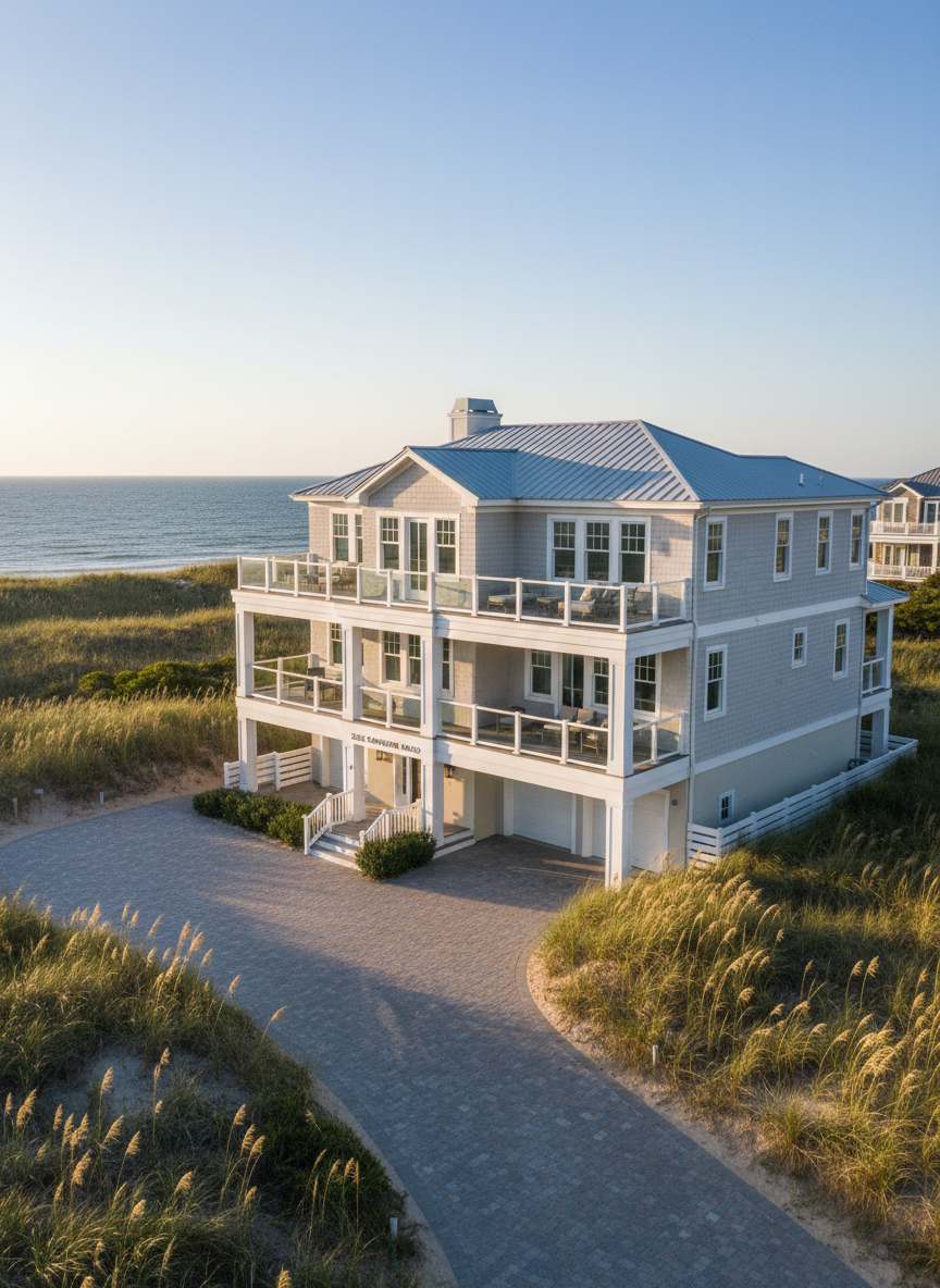 A luxurious coastal vacation home at 2232 Sandpiper Road, photographed from a slightly elevated angle to showcase its full façade. The subject is a contemporary, light-sand stucco and soft gray shingle exterior with crisp white trim, broad decks, and clean glass railings. The house is framed by manicured dune grasses, a paved driveway, and a glimpse of the ocean in the distance. Late-afternoon golden hour sunlight warms the siding and creates gentle shadows under the eaves. The sky is clear and softly blue, adding to a calm, professional, and inviting mood. The composition uses rule of thirds with sharp focus throughout, in photographic realism, ideal for a high-end real estate listing hero image.
