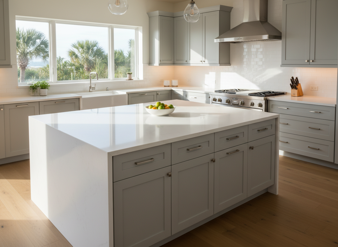 A gourmet kitchen at 2232 Sandpiper Road, showcased in meticulous photographic realism. The subject is a large central island with a waterfall-edge white quartz countertop, contrasted by soft gray shaker cabinets and brushed nickel hardware. A stainless-steel gas range with a sleek hood is set against a white subway tile backsplash, with a deep farmhouse sink positioned beneath a wide window that reveals coastal greenery outside. Soft, diffused afternoon daylight streams in, complemented by warm under-cabinet lighting, creating a balanced, professional glow. The camera is positioned at a slightly elevated angle, emphasizing the generous counter space and clear traffic flow. The mood is polished and functional yet inviting, perfect for real estate marketing focused on high-end finishes and modern amenities.