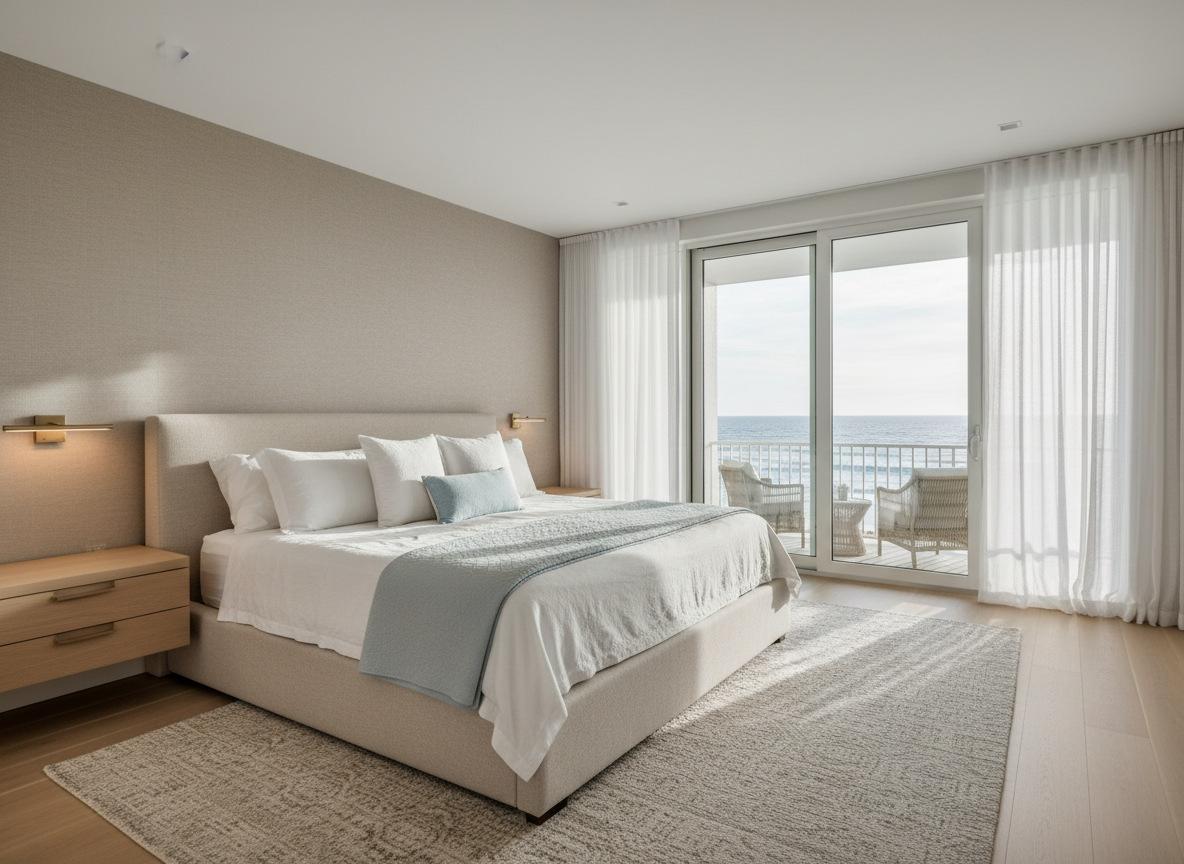 A serene primary bedroom retreat in 2232 Sandpiper Road, captured in clean, professional photographic realism. The room features a plush, upholstered king bed in a soft linen fabric with layered white and pale blue bedding, centered against a light taupe accent wall. Matching built-in nightstands and streamlined wall sconces frame the bed. Opposite, glass doors open to a private balcony with a partial ocean view, allowing soft coastal light to flood the room. Sheer white curtains diffuse the late-afternoon glow, casting gentle shadows across a pale woven rug and smooth hardwood floors. Shot from a corner at eye level, the composition shows both the bed and balcony, conveying a calm, restful, and upscale atmosphere ideal for real estate brochures.